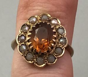 9ct Yellow Gold Citrine & Pearl Antique Ring