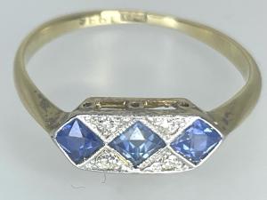 Art Deco 18ct Gold Sapphire Diamond Trilogy Ring
