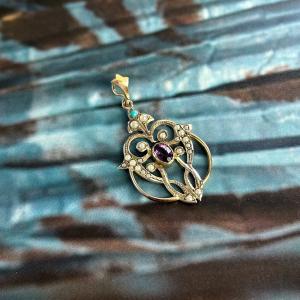 Edwardian Pearl and Purple Glass Pendant Necklace