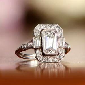 Art Deco 14K White Gold Emerald Wedding Ring