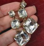 Large Square Cut Glass Crystal Earrings in Antique Gold