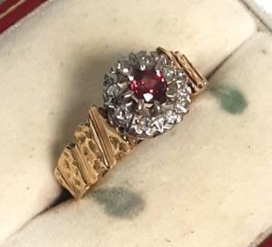 1848 Antique Diamond and Ruby Gold Ring Size O
