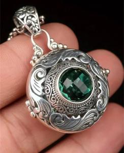 Silver Locket Necklace with Green Crystal