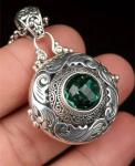 Silver Locket Necklace with Green Crystal