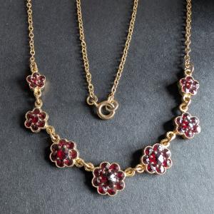 Bohemian Rose Cut Garnet Flower Necklace