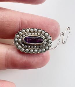 Amethyst Paste and Seed Pearl Silver Brooch