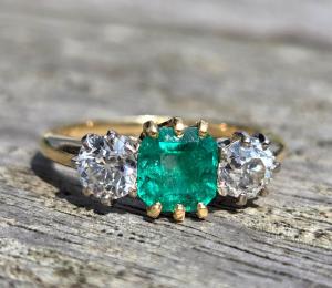 Colombian Emerald & Diamond Trilogy Antique Ring