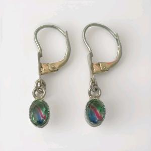 Czech Iris Glass Vintage Silver Tone Drop Earrings