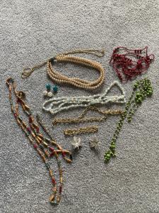 Vintage Jewelry Lot: Beads, Clip-On Earrings, Brooches