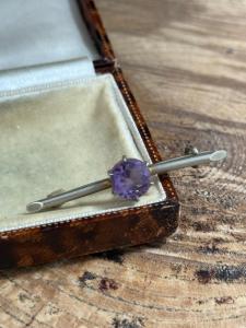 Edwardian Silver Tone Amethyst Bar Brooch Pin