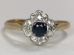 Art Deco 18ct Gold Sapphire Diamond Flower Ring