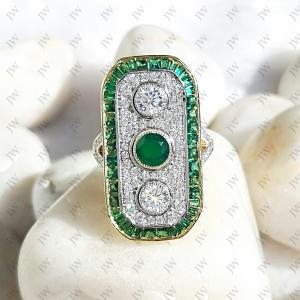 Art Deco Emerald Three Stone Engagement Ring