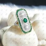 Art Deco Emerald Three Stone Engagement Ring