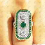 Art Deco Emerald Three Stone Engagement Ring