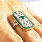 Art Deco Emerald Three Stone Engagement Ring