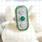 Art Deco Emerald Three Stone Engagement Ring