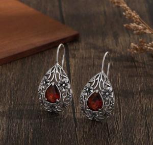 Silver Dangle Earrings with Red Crystal Ruby