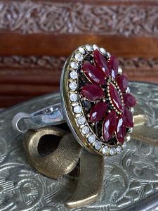 Vintage Ruby Red Crystal Flower Ring - Size Adjustable