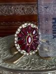 Vintage Ruby Red Crystal Flower Ring - Size Adjustable