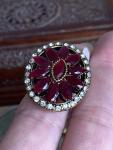 Vintage Ruby Red Crystal Flower Ring - Size Adjustable