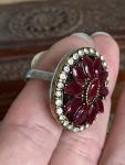 Vintage Ruby Red Crystal Flower Ring - Size Adjustable