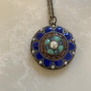 Victorian Enamel Mourning Locket Pendant Necklace