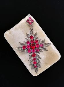 Vintage Filigree Ruby Paste Cross Pendant 9cm