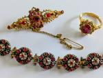 Vintage Ruby Glass Jewelry Set: Bracelet, Brooch, Ring