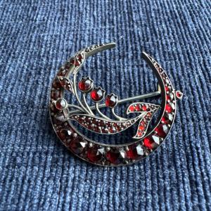 Victorian Bohemian Garnet Crescent Flower Brooch