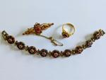Vintage Ruby Glass Jewelry Set: Bracelet, Brooch, Ring