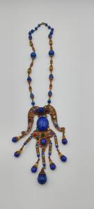 Czech Lapis Rhinestone Filigree Antique Necklace