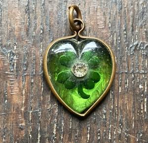 Carved Green Glass Heart Shamrock Pendant