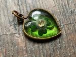 Carved Green Glass Heart Shamrock Pendant