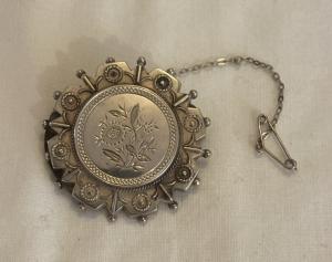 Victorian 1800s Flower Brooch with Safety Chain