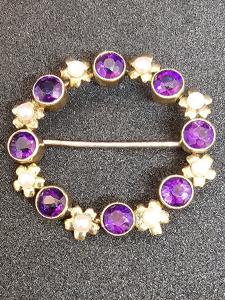 Vintage Gold Amethyst Seed Pearl Brooch