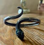 Silver Snake Bangle with Green Enamel Head