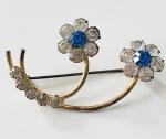 Vintage Floral Brooch with Blue Rhinestones