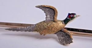 Antique 18ct Gold Enamel Pheasant Brooch 1930s