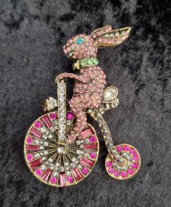 Vintage Pink Rabbit Bicycle Brooch