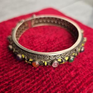 Chinese Silver Filigree Amethyst Enamel Bangle Bracelet