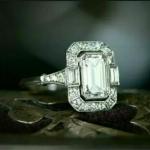 Vintage Art Deco Emerald Diamond Halo Ring 14K White Gold