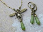 Art Nouveau Dragonfly Charm Pendant Necklace and Earrings Set