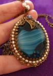 Art Deco Goldtone Filigree Necklace with Blue Glass