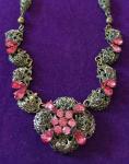 Vintage Art Deco Silvertone Filigree Necklace with Pink Glass