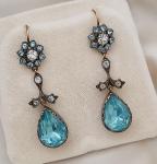 Edwardian Blue Foiled Paste Floral Drop Earrings