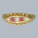 1915 Antique Diamond Ruby Navette Ring in Gold
