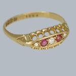 1915 Antique Diamond Ruby Navette Ring in Gold