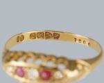 1915 Antique Diamond Ruby Navette Ring in Gold