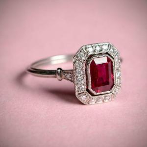 Art Deco 3 Ct Red Emerald Diamond Ring