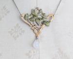 Art Nouveau Silver Tone Green Enamel Pendant Necklace